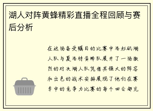 湖人对阵黄蜂精彩直播全程回顾与赛后分析