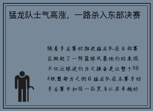 猛龙队士气高涨，一路杀入东部决赛